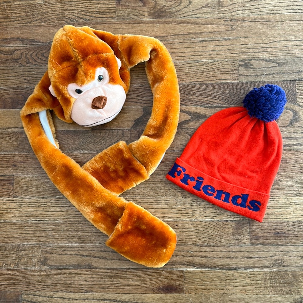 2 fun hats!! Monkey with mittens, Friend Pom Pom hat!